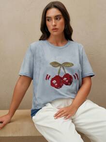 Anewsta 大码女式樱桃图案圆领短袖休闲T恤，夏季