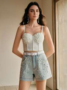 Anewsta Elegant Beaded Oversized Versatile Ladies' Denim Shorts - Blue - View 7