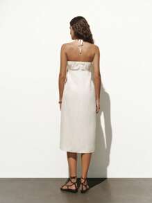 Lumivelle Women V-Neck Spaghetti Strap Twist Waist Slit Dress - Apricot - View 2