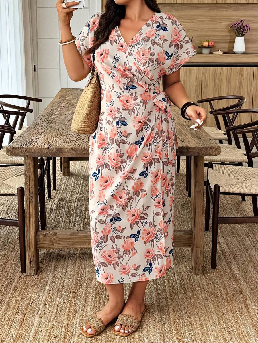 SHEIN LUNE Random Print Wrap Tie Surplice Short Sleeve Plus Size Dress - Multicolor - View 1