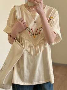 FRIFUL 女士花朵刺绣流苏圆领宽松短袖夏季休闲 T 恤，Y2K 风格上衣 - 卡其色 - 查看 5