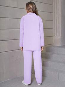 SHEIN Unity 2件套女士纯色长袖单排扣衬衫和裤子休闲套装 - 紫色 - 查看 2