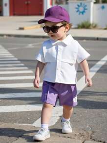 SHEIN Playful Pals 男宝宝时尚休闲翻领短袖衬衫短裤套装，夏季 - 紫色 - 查看 1