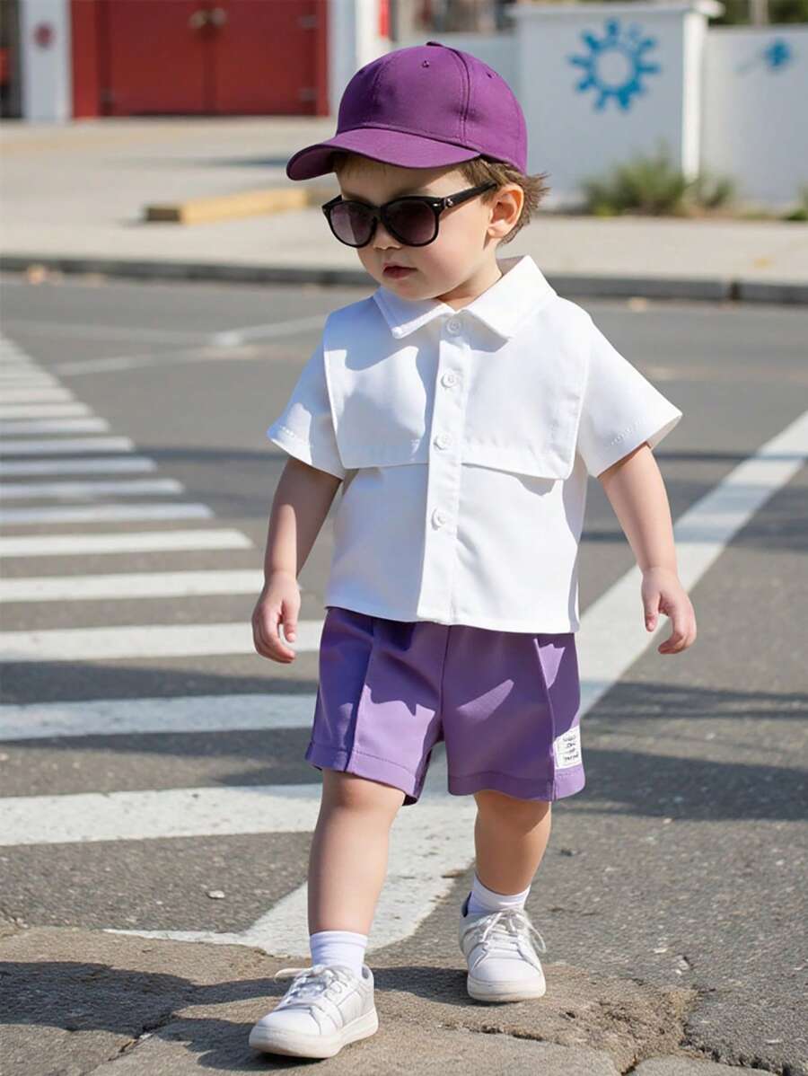 SHEIN Playful Pals 男宝宝时尚休闲翻领短袖衬衫短裤套装，夏季 - 紫色 - 查看 1