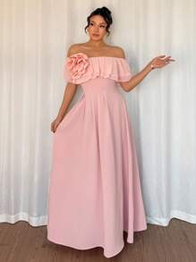 Selianne Women's One Shoulder Ruffle Chiffon A-Line Pleated Elegant Dress - Pink - View 6