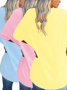 EMERY ROSE Plus Size Solid Half Sleeve T-Shirt, Casual V Neck T-Shirt For Summer, Women's Plus Size Clothing Graphic Tees Women Tops - Multicolor - View 2