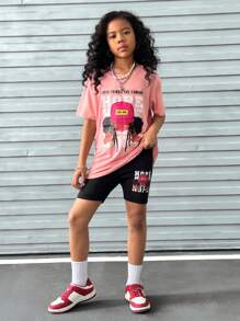 2pcs Set Tween Girl Letter Graphic Tee & Bike Shorts, Fashionable & Cool - Multicolor - View 4