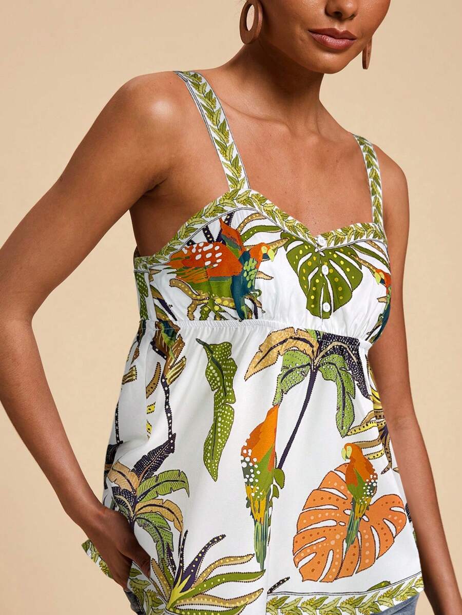 Travachic Top de tirantes con estampado tropical y volantes en el bajo para mujer, perfecto para vacaciones - Blanco - Ver 1