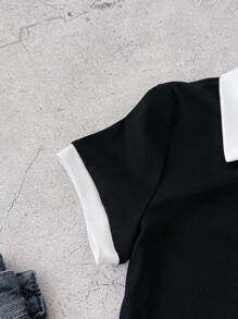 Teen Girls Black And White Casual Personalized Contrast Collar Ribbed Knit Buttons Snug Fit Dress, Summer Dresses, Butterfly Embroidery