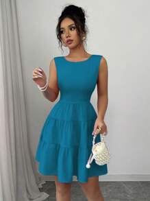 Elenzga Vestido corto de mujer de unicolor con cuello redondo, bajo con volantes, sin mangas y con amarre en la espalda - Azul - Ver 8