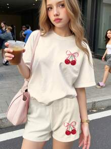 SHEIN 2pcs Set Cute Pink Bow & Cherry Print Tween Girl Casual Simple Short Sleeve T-Shirt And Shorts, Suitable For Summer