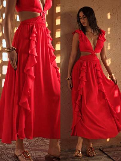 MOTF PREMIUM FLOWY RUFFLE TRIM SKIRT