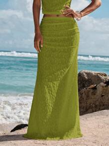Opulessa Solid Color Knitted Mermaid Style Tight Bodycon Skirt For Women - Olive Green - View 4