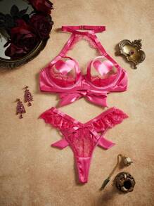3pcs Vintage Sexy Hollow Out Crotchless Satin & Lace Lingerie Set - Bra + Panty + Nipple Cover - Hot Pink - View 1
