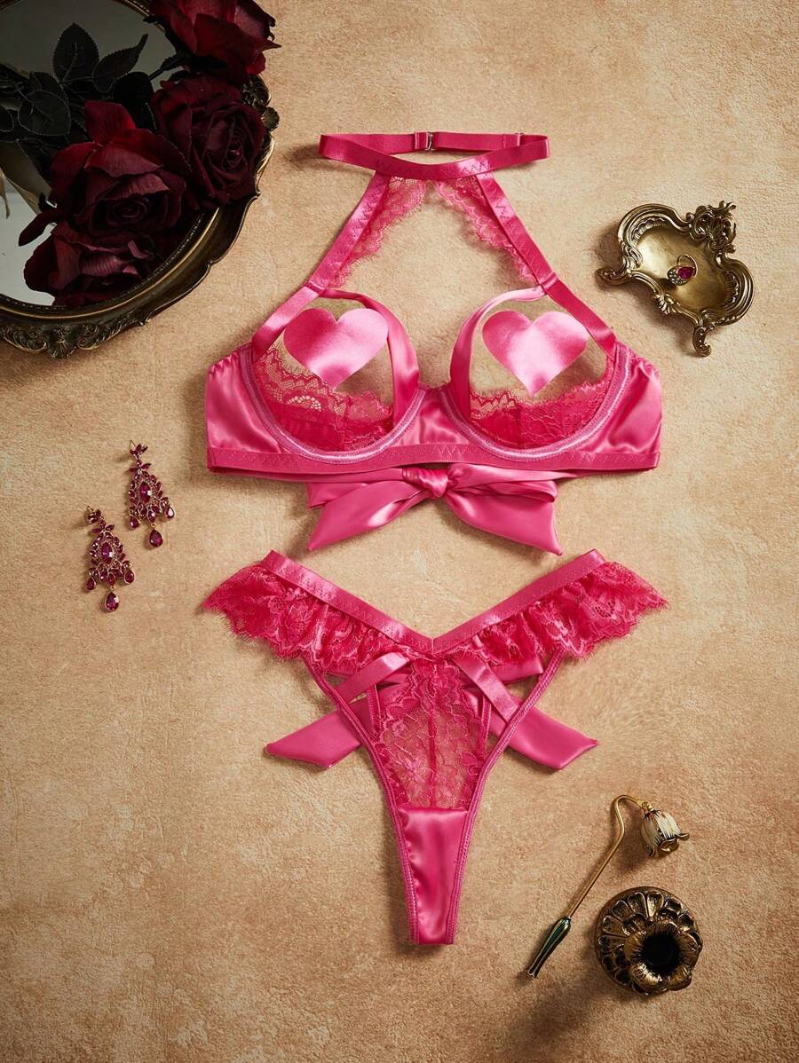 3pcs Vintage Sexy Hollow Out Crotchless Satin & Lace Lingerie Set - Bra + Panty + Nipple Cover - Hot Pink - View 1