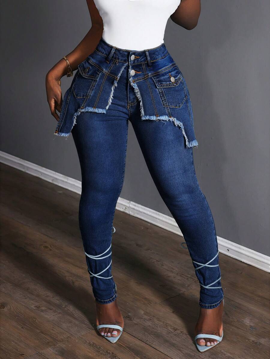 Slaydiva Women's Distressed Detail Skinny Fashion Jeans - Dark Wash - View 1
