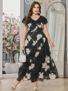 Modelyn Plus Size Floral Laser Cut Ruffle Trim Dopasowana sukienka mini z szyfonu, swobodna wiosna/lato - Wielokolorowe - Zobacz 7