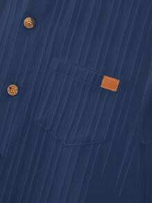 SHEIN 青少年男孩休闲纹理罗纹领和口袋长袖衬衫，适合学校、日常穿着和商务穿着 - 藏蓝色 - 查看 5