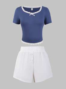 SHEIN Explorewe 2 件青少年女孩蝴蝶结装饰短袖上衣和短裤套装 - 彩色 - 查看 3
