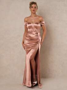 SHEIN Belle Haute Satin Solid Color Off-Shoulder Ruffle High  Slit And Abdominal Folds  Bridesmaid Dress For Adult ,Elegant Women Dresses For Women Elegant,Classy Outfit For Women,Wedding Guest Dress, Dresses For Women Party, Formal, Gown, For Evening - Champagne - View 1