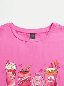 Tseoso 卡通圖案落肩袖超大號T恤 - 粉色 - 查看 7