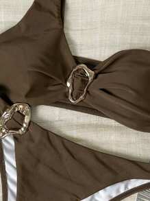 Swim Vcay Spring Break Women Beachwear Summer Outfits For Women, Solid Color Metal Decor Sexy Bikini Sets - Brown - View 4