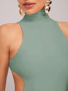 Silquee 女士优雅派对长袖高领性感露背连衣裙，带金属扣装饰，酒红色，安克尔红色，弹力针织面料，超长鸡尾酒会，浪漫约会，秋冬针织长裙，适合鸡尾酒会、婚礼、伴娘、正式活动、万圣节、圣诞节 - 薄荷綠 - 查看 3