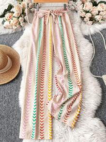 Breezaya 女士条纹系腰阔腿宽松休闲裤 - 彩色 - 查看 1