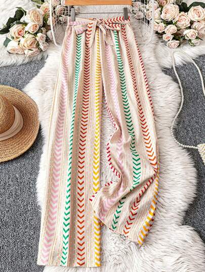 Breezaya 女士条纹系腰阔腿宽松休闲裤