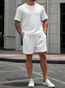 Manfinity CasualCool Plus Size Men's T-Shirt And Shorts Set, Fashionable For Summer - White - View 5