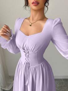 Modelyn 女士优雅法式时尚荷叶边袖高腰连衣裙 - 紫色 - 查看 5