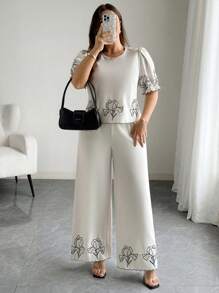 Flirla Dwuczęściowy zestaw z haftem kwiatowym, góra i spodnie w dużym rozmiarze, swobodny, letni - Morela - Zobacz 1