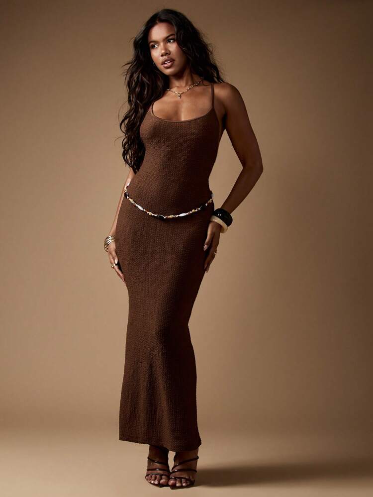 MISSGUIDED Textured Knit Bodycon Maxi Dress Evening Gown Crisscross Back Spaghetti Strap Form Fitting Slim Party Wedding Guest Summer Occasion