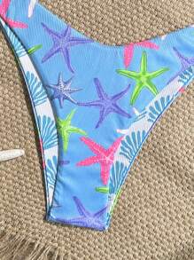 Swim Mod 2pcs Summer Holiday Random Prints Ribbed Texture Seashell Decor Triangle Top And High Cut Bottoms Sexy Bikini Set