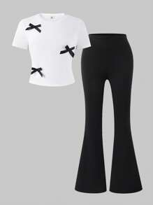 SHEIN Korean Style Bowknot Short Sleeve Top And Flared Pants Outfit, Fashion Casual Set For Teen Girls Suitable For Summer Commute, Leisure, Parties, And Elegant For Wedding Guests
