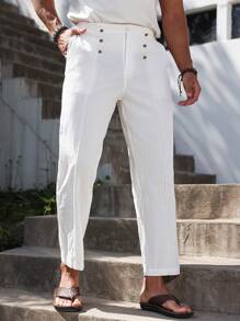 Manfinity Homme Men's Cotton Linen Button Front Pocket Casual Pants - White - View 6