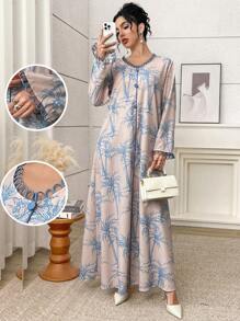 Al Najma 女士花卉V领长袖土耳其/阿拉伯传统长款束腰外衣，端庄 - 彩色 - 查看 1