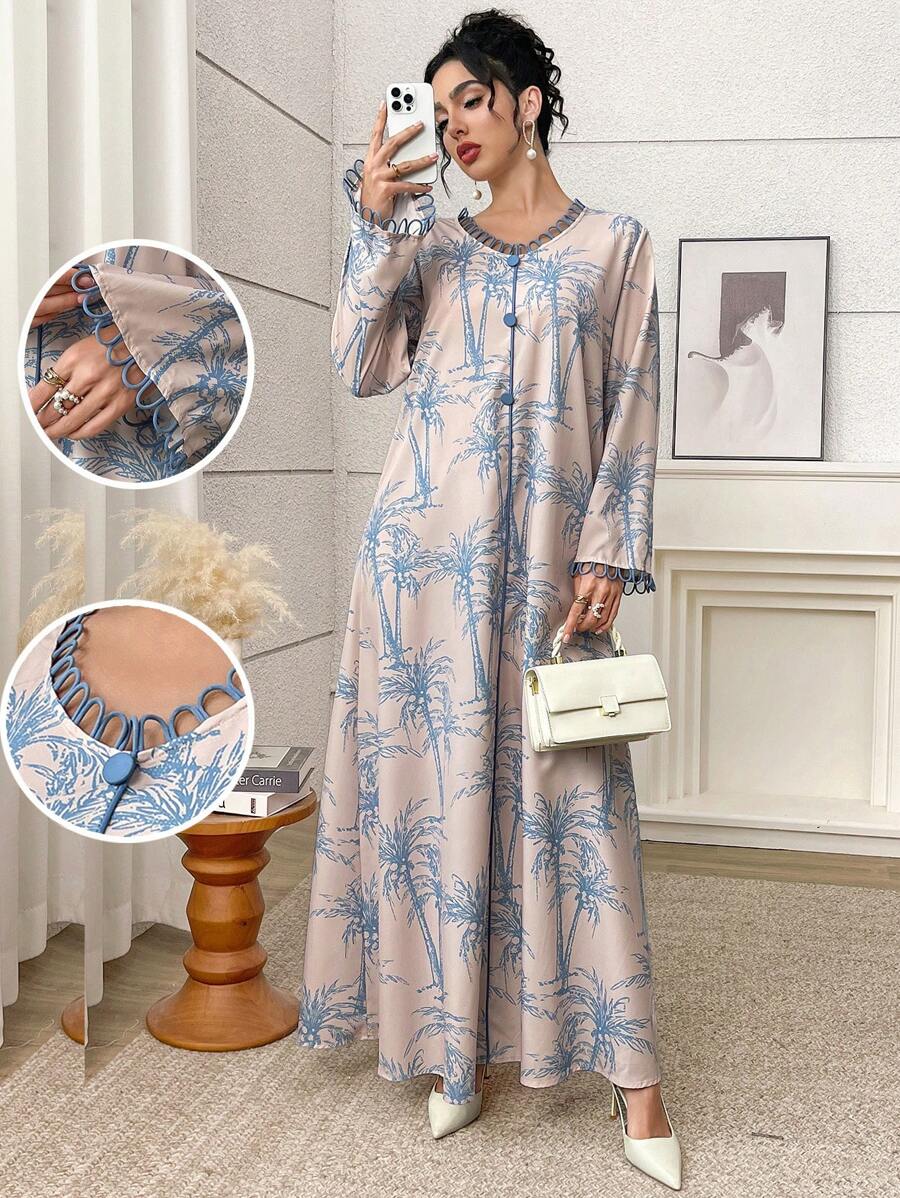 Al Najma 女士花卉V领长袖土耳其/阿拉伯传统长款束腰外衣，端庄 - 彩色 - 查看 1