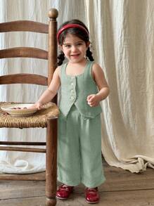 LMoss Kids 2pcs Baby Girl Set: Woven Solid Square Collar Top And Loose Casual Pants - Green - View 7
