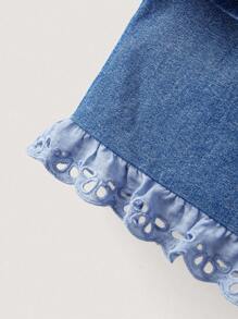 SHEIN Young Girls Embroidered Peter Pan Collar Shirt And Ruffled Shorts Sets