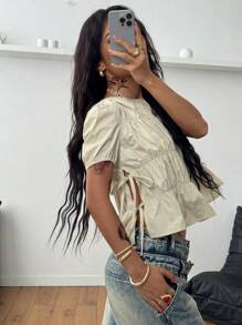 Coolane Women's Spring Summer Y2K Fashion Date Night Music Festival Concert Pleated Ruched Lace Up Split Side White Crew Neck Short Sleeve Blouses