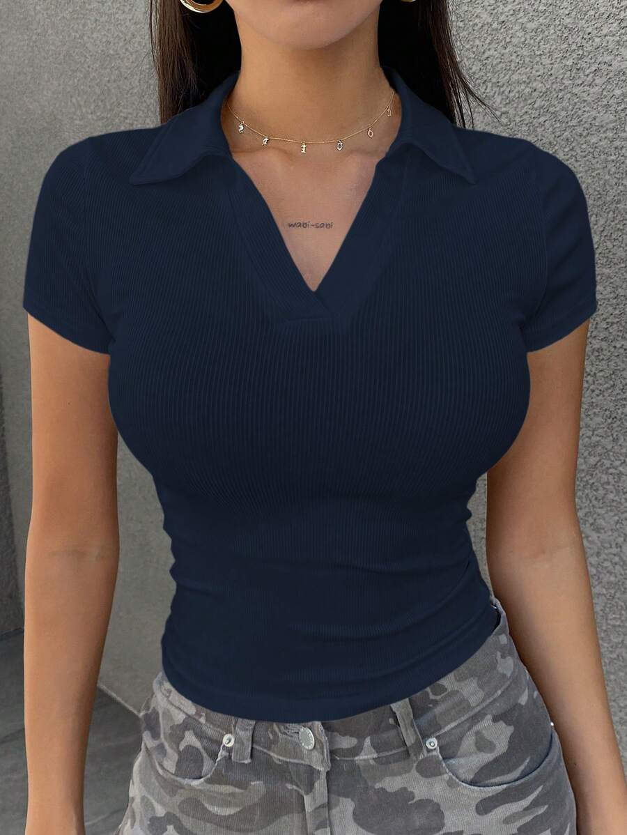 DAZY 女式纯色修身翻领休闲短袖T恤学院风上衣 - 藏蓝色 - 查看 1