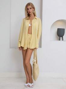 SHEIN PETITE Conjunto de 2 piezas para mujeres de primavera y verano, informal y versátil, con camisa suelta de manga larga de lino trasparente con botones y pantalones cortos de talle bajo de unicolor - Amarillo - Ver 4