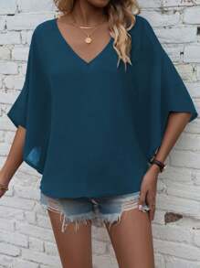 Blusa de manga corta con cuello en V y unicolor, de moda para el verano - Agua verde azul - Ver 7