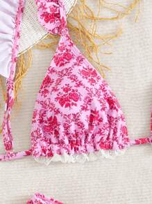 Swim Mod 2pcs Floral Lace Trim Adjustable Tie Swimsuit Top & Ruffle Trim Swimsuit Bottom Pink Bikini Set, Summer Vacation - Pink - View 3