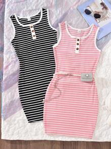 2pcs/Set Striped Dresses For Teen Girls, Includes Striped Dress And Pink Striped Dress