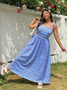 SHEIN EZwear Plus Size Women Cherry Print Plaid Pleated Pockets Casual Holiday Strap Dress