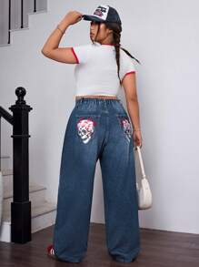 SHEIN EZwear Jeans de verano de mujer de talla grande con bolsillos traseros y diseño bordado, color azul oscuro - Azul lavado oscuro - Ver 3