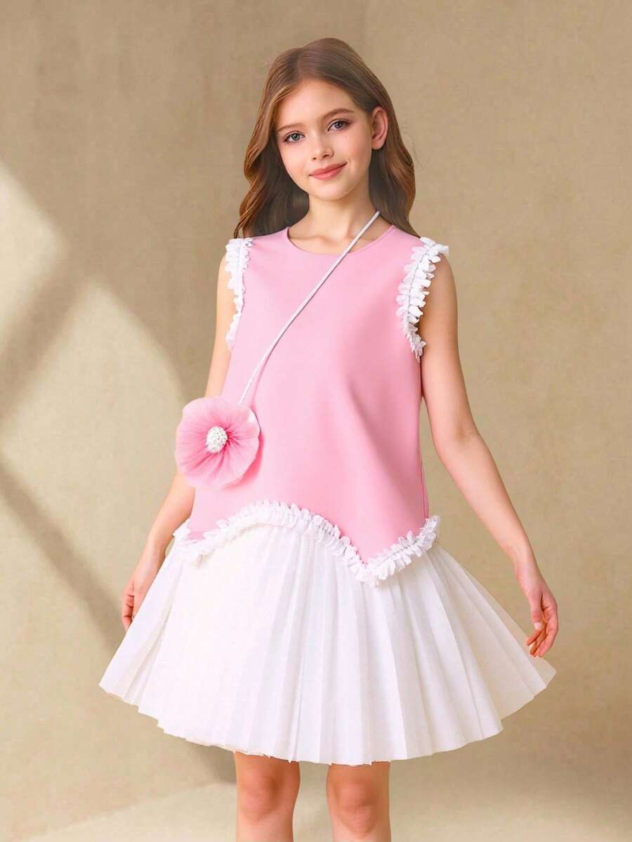 SHEIN Tween Mädchen zwischen 9-12 Jahren Elegantes Farbblock Kleid mit plissiertem Saum für den Sommer - Weiss - Übersicht 1