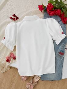 SHEIN Explorewe Camicia con colletto arricciato ricamato, maniche a sbuffo e fiocco decorativo sul davanti per ragazze pre-adolescenti - Bianco - Visualizzare 2